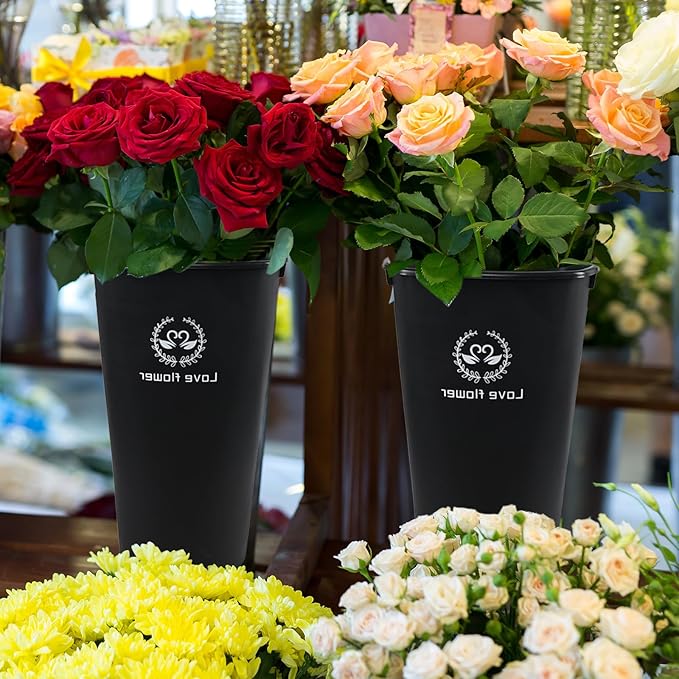 20 Inch Plastic Flower Buckets for Cut Flowers, 4 Pack Tall Flower Buckets with Cutout Handle for Home Wedding Decoration, Black