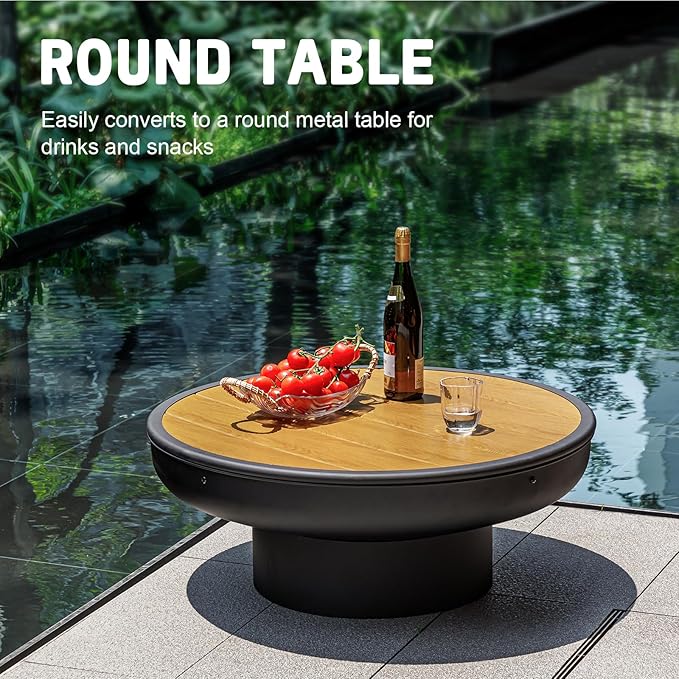 Panovue 32in Fire Pit Table with Lid,Heavy Duty and Deep Fire Bowl,Outdoor Wood Burning BBQ Grill Firepit Bowl with Cover Lid, Fire Pit for Outside Table for Backyard Bonfire Patio Picnic