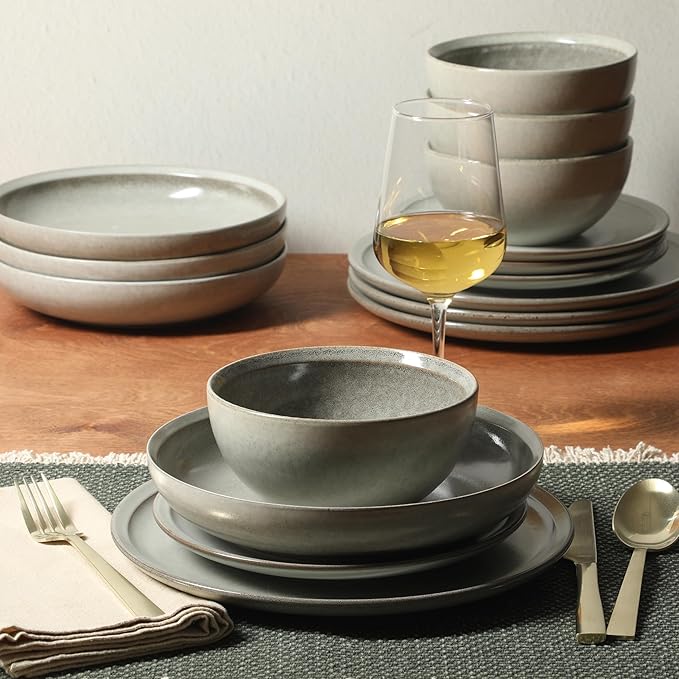 Gibson Elite Beckett Stoneware Matte Reactive Glaze 16 Piece (Service for 4) Plates and Bowls Dinnerware Set - Ash White