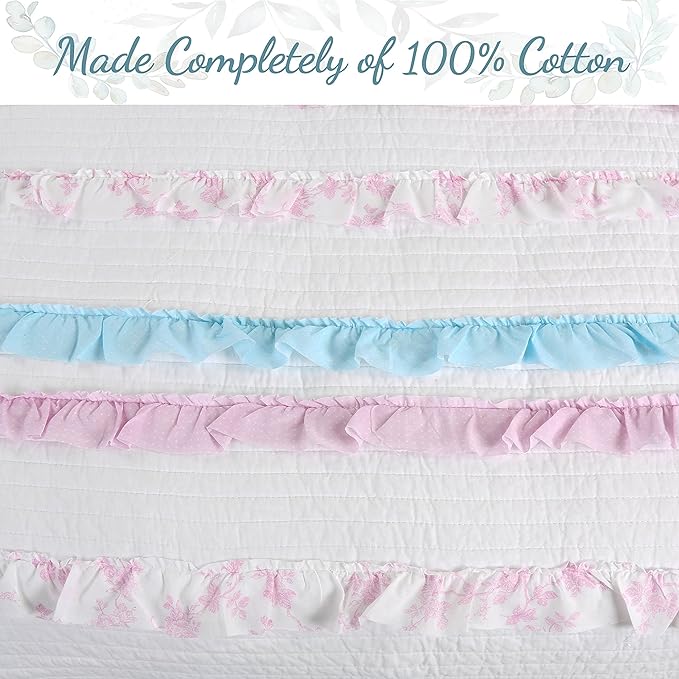 Cozy Line Home Fashions 100% Cotton Chic Ruffle Light Lavender Orchid Blue Flower Print Stripe Bedding Quilt Set, Reversible Coverlet, Bedspread (Chic Ruffle, Twin)