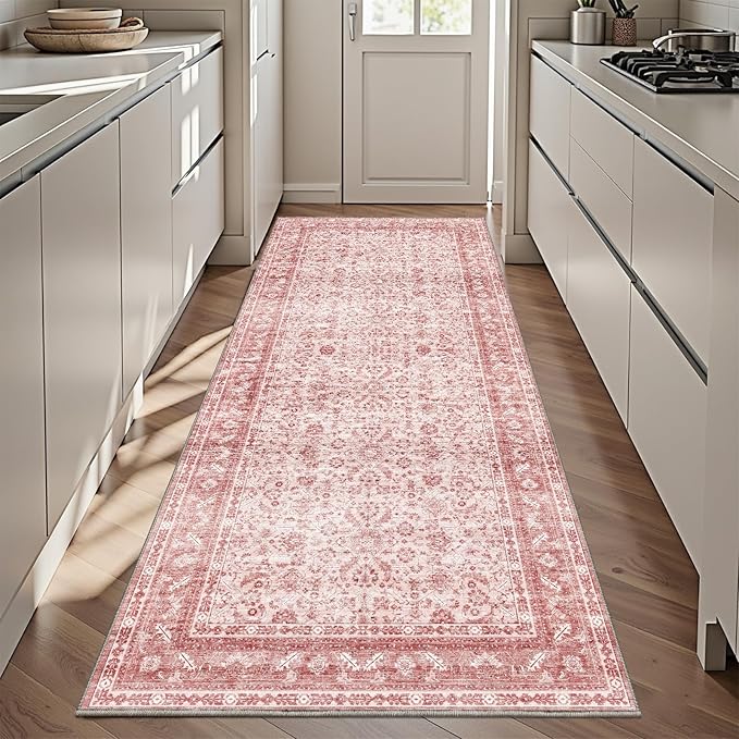 OPPODREAM Vintage Pink 3x6 Runner Rug, 3 x 6 Retro Washable Rug Non Slip, Low-Pile Faux Wool Carpet, Distressed Floor Mat for Kitchen, Hallway, Entry-Way, Entrance, Indoor Back Door