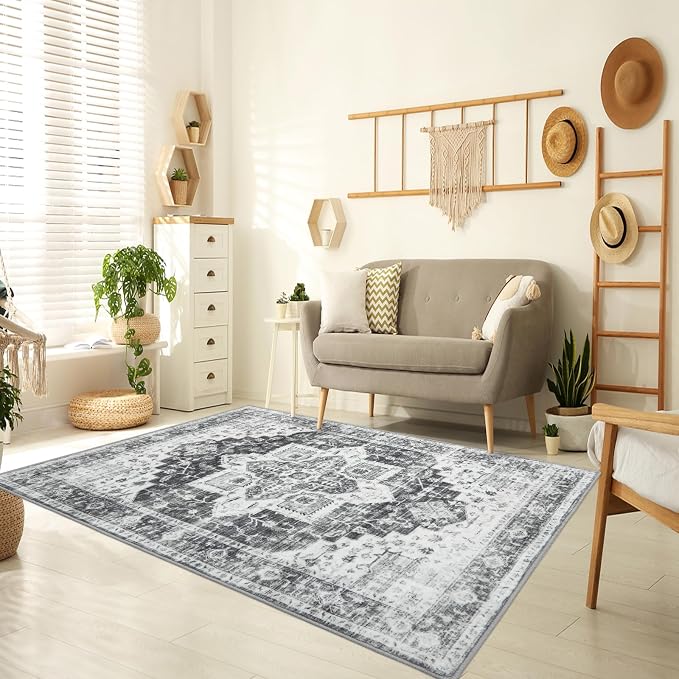 GAOMON 9x12 Vintage Large Area Rug Boho Distressed Rugs Machine Washable Foldable Accent Indoor Carpet Floor Cover Low Pile Print Carpet for Bedroom Living Room Classroom, 9’x12’, Grey