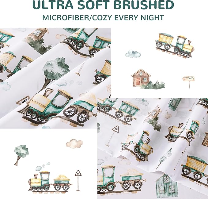 Viviland 3 Pieces Boys Brown Green Twin Sheet Set - Soft Microfiber Fitted Flat Sheets & Pillowcase - Country Train Town Bedding Sets - for Kids & Toddlers
