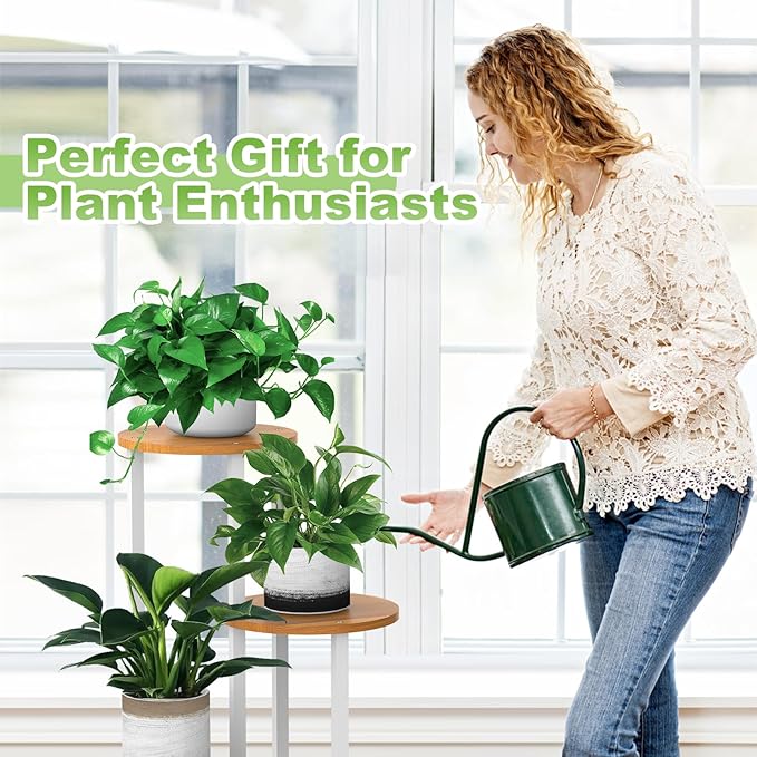 4 Tier Wood Tall Plant Stand Metal Rack Indoor, Multiple Flower Pot Holder Shelves Corner Rack, Round Planter Shelf Display Rack Storage Organizer for Patio Living Room Balcony(White+Wooden)