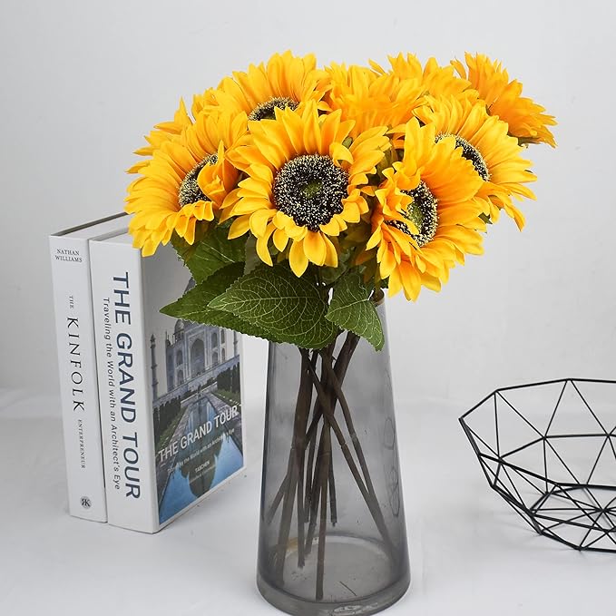 8pcs Artificial Sunflower Flowers Long Stem Large Silk Sunflowers Bridal Wedding Bouquet Fake Yellow Flower Arrangements for Outdoor