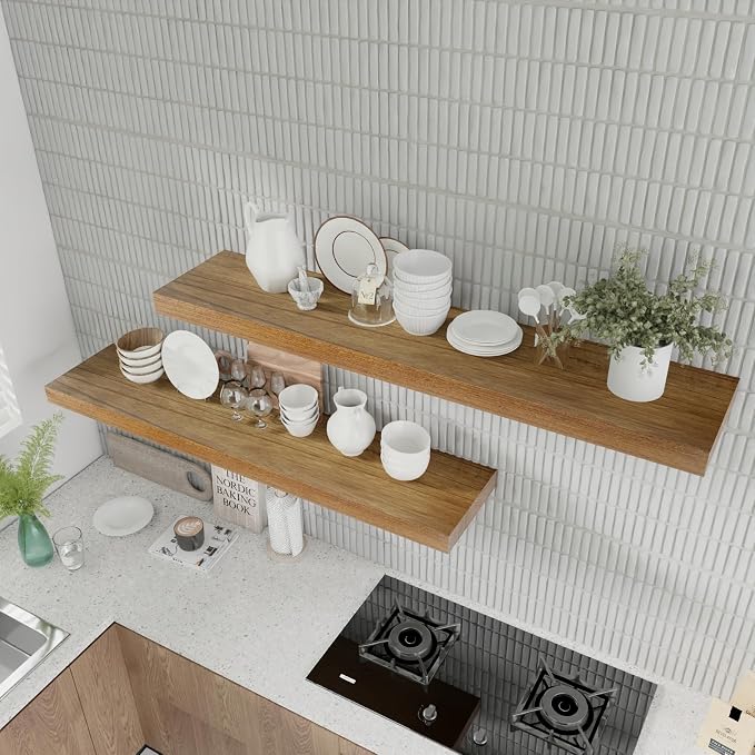 IAE Walnut Floating Wall Shelves 55 inch, Bathroom Shelves Wall Mounted,Invisible Shelves Floating Kitchen Shelves,Wooden Wall Shelves with Brackets for Living Room Wall Mounted,Easy Install,Set of 2