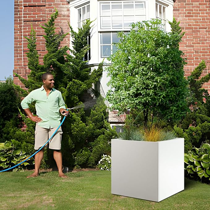 White Steel Planter Square Outdoor Planters Galvanized Steel Planter Box Indoor Metal Large Planters Cube Heavy Duty Flower Pot 32 Inch Modern Commercial Residential for Trees Patio Yard Garden