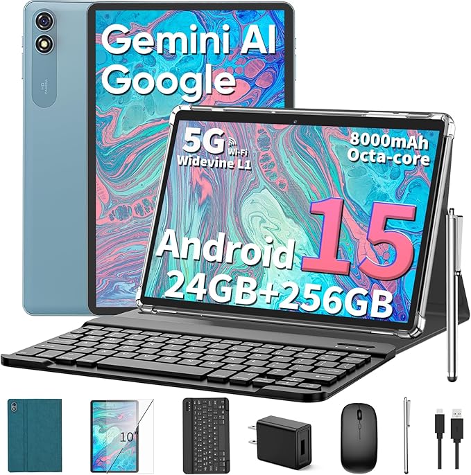 2026 10 Inch Tablet, Android 15 Tablet with Keyboard, 24GB+256GB+2TB Expand, 2-in-1 Tablets with 8-Core, 5G WiFi, 8000mAh, BT5.0, GMS, GPS, Gemini AI, Tablets PC with Mouse, Case, Stylus (Green)
