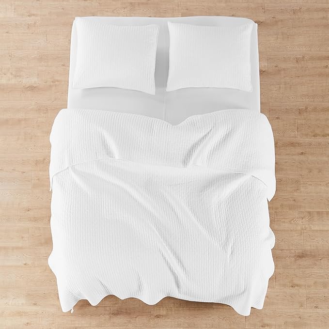 Levtex Home Cross Stitch Reversible King Bedspread Set (120x104in) with 2 Pillow Shams (36x20in) - Stitch Texture - Bright White - Cotton King Size Bedspread Set - Soft, Pre-Washed
