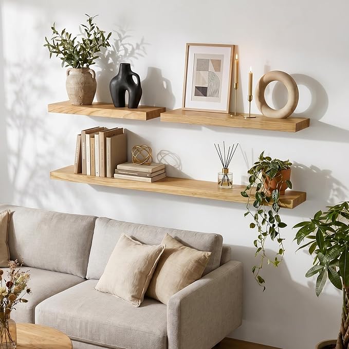 fuqing Natural Wood Floating Shelves | 24 Inch Floating Shelves for Wall Set of 2 | 24" W x 6.7" D x 1.4" H Natural Wooden Shelves for Bathroom Living Room Bedroom Kitchen