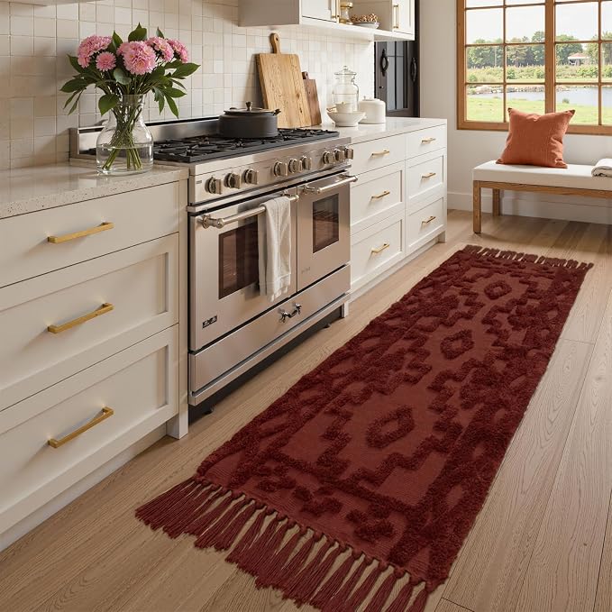 Uphome Boho Runners for Hallways 2' x 6', Washable Farmhouse Entryway Runner Rug, Cotton Tufted Bedroom Runner Rugs, Bohemian Tribal Throw Aesthetic Rug for Kitchen Doorway Living Room, Terracotta