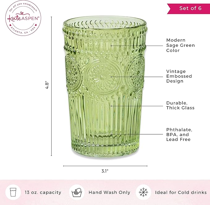 Kate Aspen Vintage Ribbed Green Drinking Glasses Set of 6-13 oz Colored Embossed Glass Cups for Water, Iced Tea, Cocktails - Perfect Holiday Drinkware, Christmas Entertaining & Gift Set