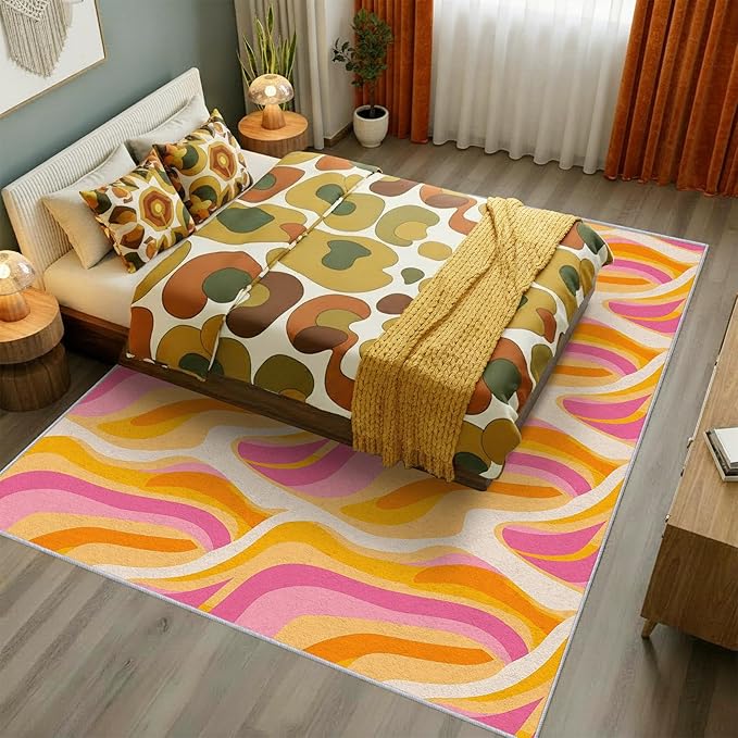 70s Retro Rug 6x8 Colorful Zebra Striped Groovy Pattern Area Rugs for Living Room, Bedroom, 70s Retro Home Decor Accessories Indoor Carpet, Non Slip & Machine Washable, GD0348
