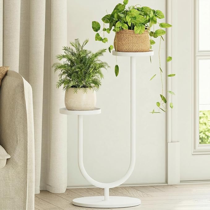 Bamworld Metal Plant Stand Indoor Corner Plant Stands 2 Tier Plant Shelf for Tall Plant Holder Black Plant Shelves for Living Room Bedroom Midcentury Modern Home Decor(White)