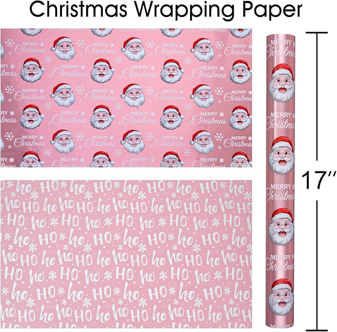 MAYPLUSS Pink Christmas Wrapping Paper Roll - 17IN X 33FT - Santa Claus Gift Wrapping Paper Featuring Merry Christmas Snowflake Reversible HO for Kids, Holiday, New Year