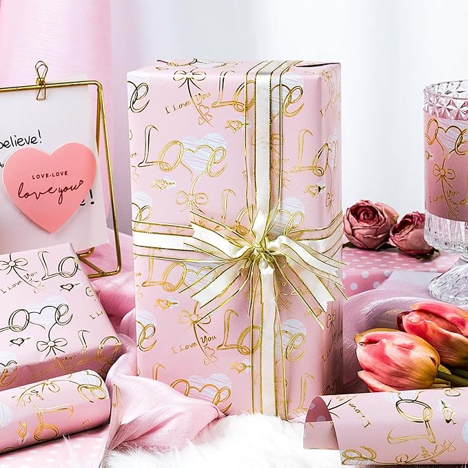 Burymento Pink Gold Love Bow Wrapping Paper, Reversible Pink Dot Design Gift Wrap for Baby Shower, Birthday, Valentines, Mothers day, Graduation, Wedding, Fathers day, Christmas (17 Inch X 32.8 Feet)