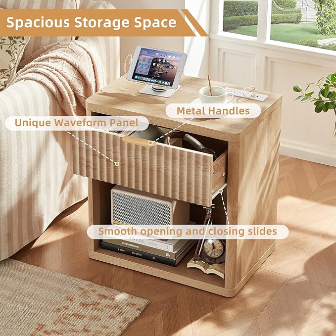 LEYAOYAO Fluted Farmhouse Nightstand Set of 2 with Charging Station, 23" Wide 1 Drawers End Table,Natural Dresser for Bedroom,Bed Side Table Chest of Drawers Cabinet,Wood Night Stand for Living Room