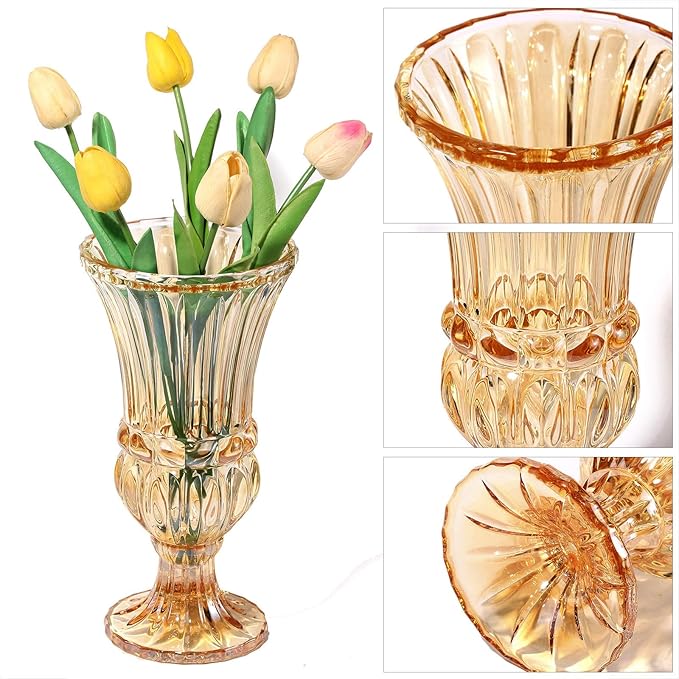 11.6" High Amber Glass Vase, Art Plant Flower Vase. Decorative for Home Office Wedding Holiday Party Celebrate Centerpiece Decor