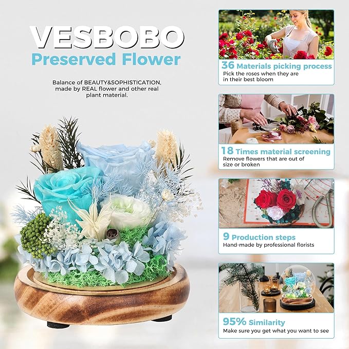 Preserved Flowers Bouquets Unique Rose Preserved Flower Gifts in Glass Dome for Women,Wife, Grandma Suitable for Birthday, Mother’s Day, Valentine’s Day, Anniversary, Christmas