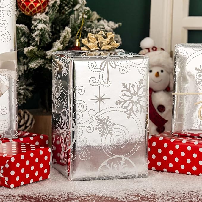 MAYPLUSS Christmas Wrapping Paper Roll - 17IN X 33FT - Silver Gift Wrapping Paper Featuring Snowflake Against Silver Reversible Polka Dot for Kids, Holiday, New Year