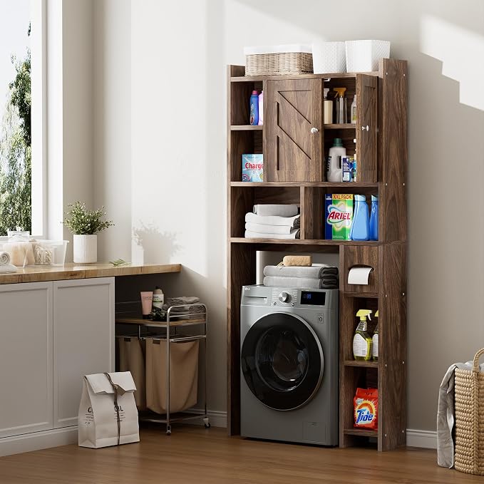 Over the Toilet Storage Cabinet, Freestanding Storage Cabinet Over Toilet, Bathroom Storages Organizer Cabinets with Toilet Paper Holder Stand and Adjustable Shelf, Walnut