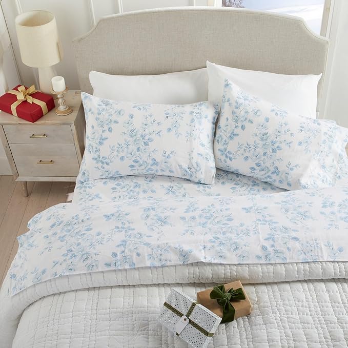 Market & Place 100% Cotton King Flannel Sheet Set | 4 Piece Deep Pocket Cozy Winter Floral Bed Sheets | Double Brushed for Extra Softness & Comfort | Alpine Collection (King, Vintage Floral)