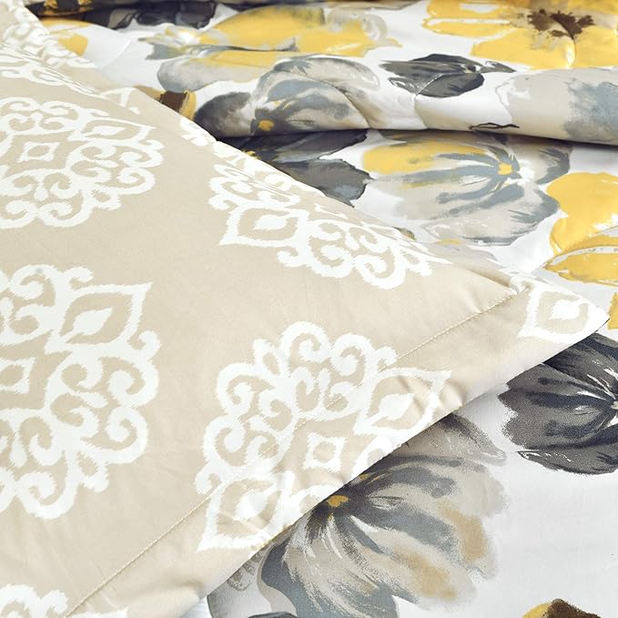 Lush Decor Leah Reversible Comforter Set, 6 Piece Set, Full/Queen, Yellow & Gray- Watercolor Botanical Comforter Queen Size-Farmhouse Florals Bedding Decor