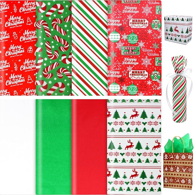BCUEIDO 160 Sheets Christmas Tissue Paper Assorted Christmas Tissue Paper for Gift Wrapping, Christmas Gift Boxes and Wine Bottles