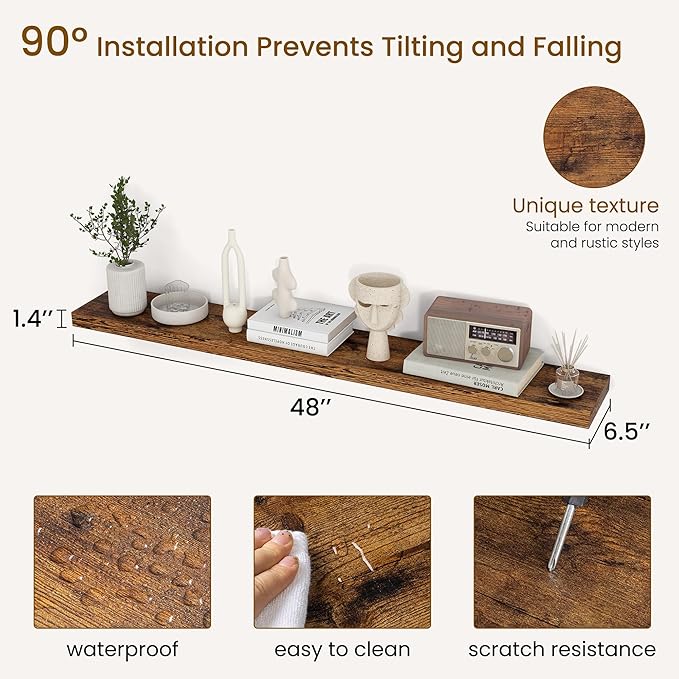 Dreamland 48Inch Floating Shelves for Wall, Rustic Wooden Storage Shelf for Living Room, Kitchen, Farmhouse, Wall Mounted Display Shelving with Invisible Heavy-Duty Metal Bracket, Set of 2 - Brown