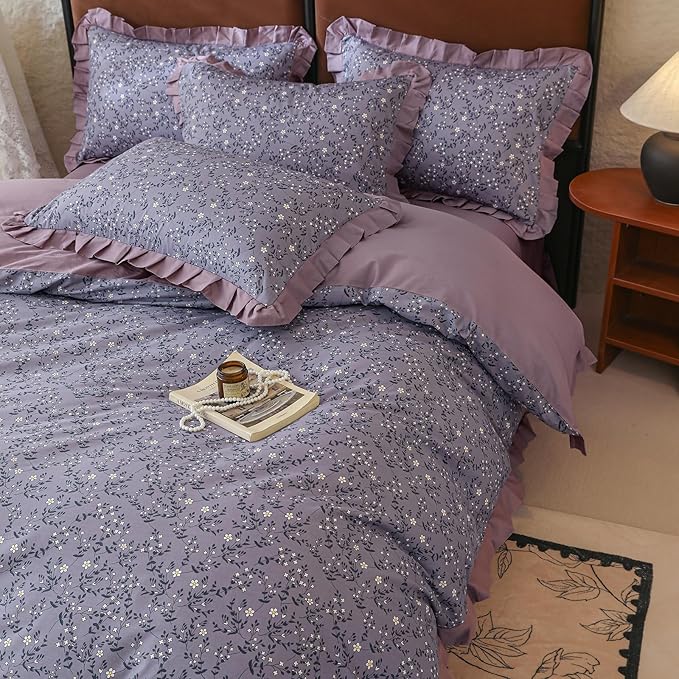 LifeTB Vintage Daisy Flower Duvet Cover Queen 100% Cotton Purple Ruffle Comforter Cover Floral Aesthetic Duvet Cover Romantic Princess Bedding Set Girls Lace Comforter Cover Queen with 2 Pillowcases