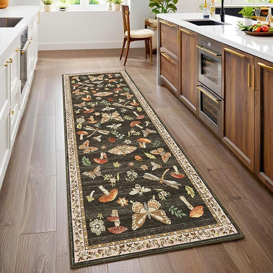 Washable 2x6 Vintage Runners for Hallway Entryway Retro Distressed Kitchen Carpet Runner Low Pile Soft Bedside Boho Carpet Non Slip Bath Rug Mushroom Floral Accent Carpets, Brown