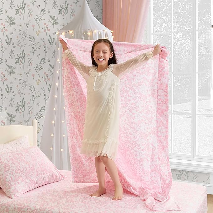 Laura Ashley Kids - Twin Sheet Set, Soft & Wrinkle-Resistant Toddler Bedding Set, Deep Pockets, Girl Bed Sheets with Matching Fitted Sheet & Pillowcase (Toile Unicorn Pink)