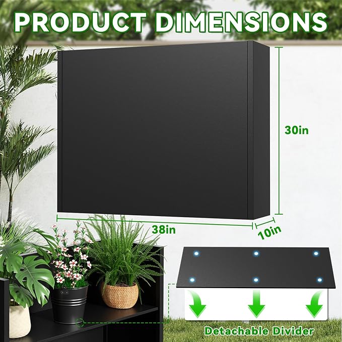 Metal Planter, 38L x 10W x 30H, Heavy Duty Tall Planters for Outdoor Plants, Black Planters with Removable Insert Shelf, Large Planters with Drainage Holes for Porch, Patio and Yard, Black