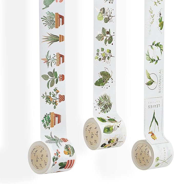 WT Green Oasis Washi Sticker Set, 3 Rolls, Original Designs, Pastel Decorative, Plants Sticker, Gold Foil, Bujo Planner Supplies, DIY Paper Stickers
