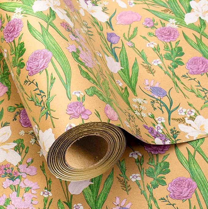 MAYPLUSS Kraft Floral Wrapping Paper Roll - 17Inch x 33Feet - Colorful Watercolor Boho Forest and Garden Flower Gift Wrap Green Wedding Gift Wrap for Birthday, Mothers Day, Bridal Shower, Engagement