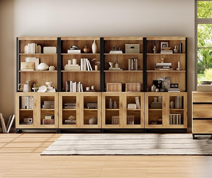 WAMPAT 4 PCS Modern 72" Tall Bookcases with Glass Doors and Adjustable Shelves, Library Book Shelf with Storage Cabinet and Open Book Shelfs, Wood Bookshelves for Home Office, Living Room, Oak