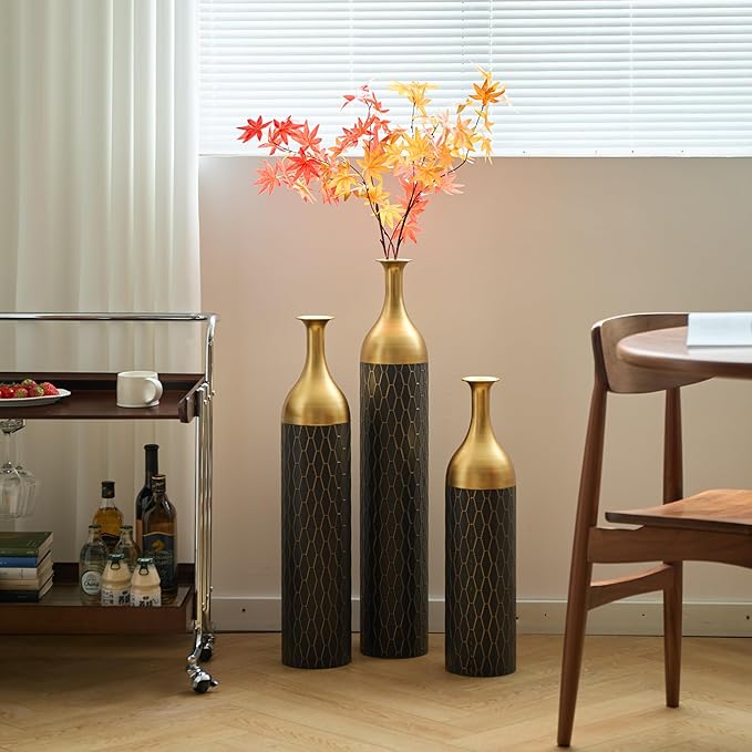 Metal Floor Vases Decorative, Set of 3 Flower Arrangement Stand, Tall Gold＆Black Metal Floor Vases for Living Room, Bedroom & Entryway, 34.25", 30.31", 24.8" H (Gold＆Black)