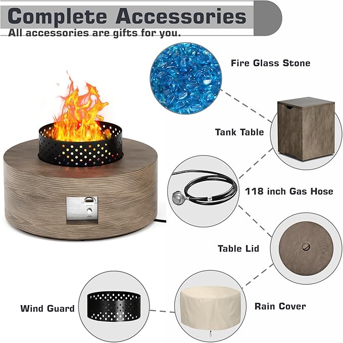 2-Piece 30" Round Propane Fire Pit for Outside Patio with Hidden Tank Table, 50,000 BTU Fireplaces with Wind Guard, Lid, Glass Rocks, Cover(Wood Grain Walnut)