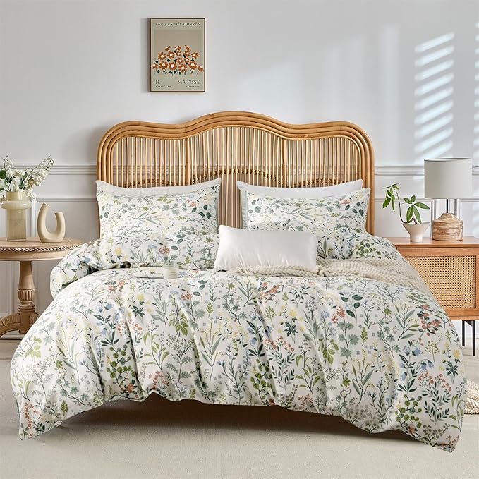 VM VOUGEMARKET Green Flower Comforter Set Queen,Bright Fresh Forest Botanical Bedding Set,Soft & Lightweight Comforter for Girls Women-Green White