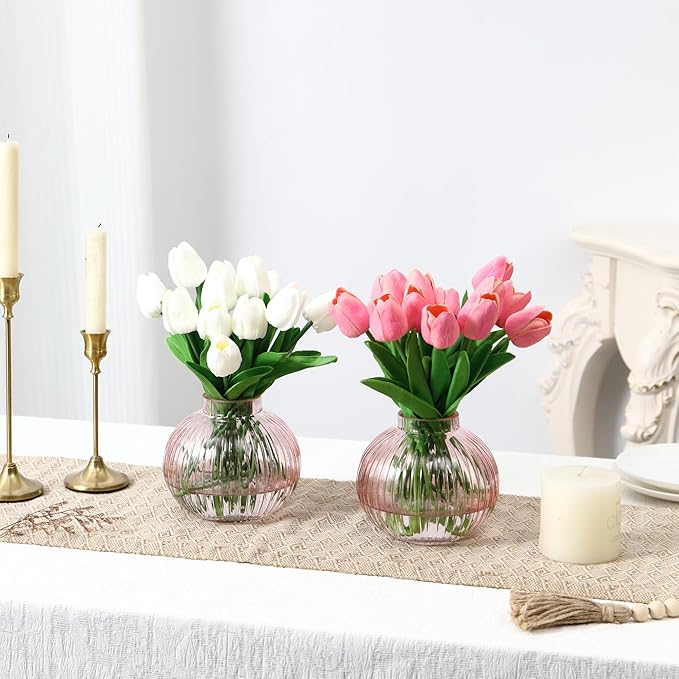 Round Glass Vases, Set of 2 Small Vases for Flowers, Pink Glass Vase for Tulips, Modern Vase for Living Room, Office, Coffee Table, Shelf, Wedding, 5 Inches