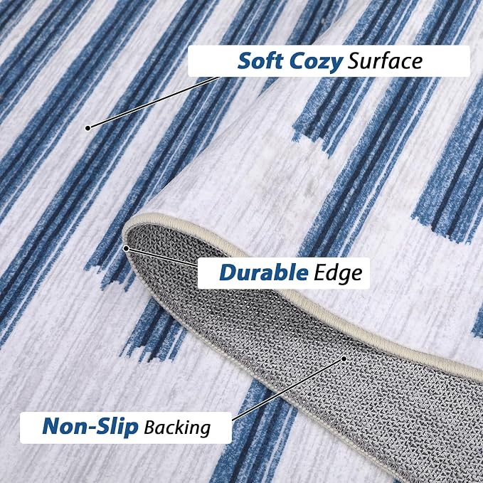 9x12 Area Rug Washable Modern Lines Rug for Living Room Low Pile Soft Bedroom Rugs Non Slip Modern Indoor Large Carpet Thin Foldable Abstract Lines Carpet for Nursery Dining Playroom, Blue