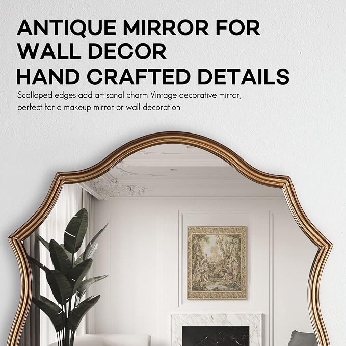 Wall Mirror with Metal Frame, 24" x 36" Antique Gold Ornate Vanity Mirror, Large Hanging Vintage Decorative Mirror for Bathroom, Entryway, Bedroom, Living Room