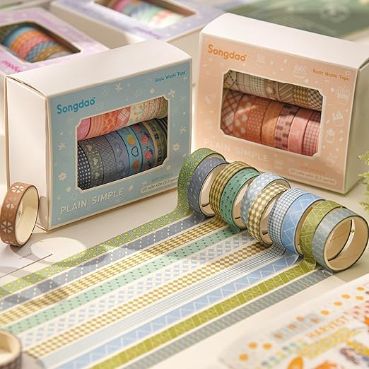 Songdao 20 Rolls Basic Washi Tape Set Japanese Arts Adhesive Tapes Simple Patterns Decorative Masking Tape Sets for Craft, Kids, Scrapbook, DIY, Gift Wrapping (Style Four)