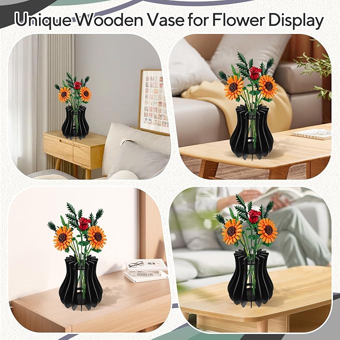 Wooden Vase for Lego Flowers - Wooden Vase for Lego Bouquet, Wood Vases Puzzle Set for LegoRoses Sunflower Tulips, Vases Kit for Artificial Bouquet Arrangement Home and Office Decoration(Black)