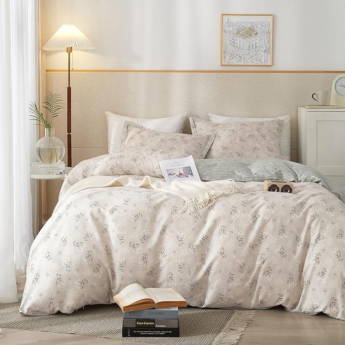 HighBuy Boho Floral Duvet Cover Full Cotton Aesthetic Bedding Set,Comforter Cover 3 Piece,Reversible Green Garden Lightweight,Soft,Zipper Closure,Breathable,All Season
