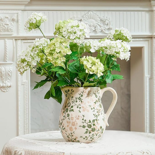 Ceramic Green and White Floral Vase with Handle, Rustic Farmhouse Pitcher Flower Vase, Chinoiserie Floral Vase for Home Decor, Living Room, Shelf, Office, Rustic Table Centerpiece 8 Inch