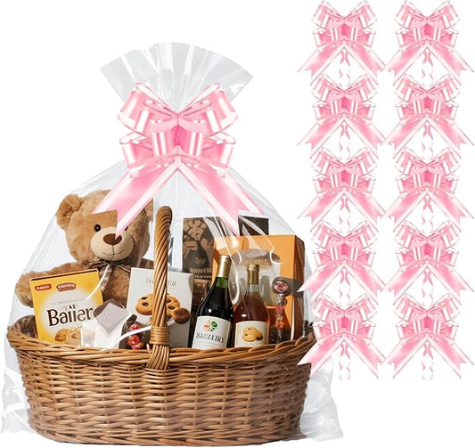 PigPotParty 30"x40" Clear Cellophane Gift Bags - Includes Bows – 10 Pack Large Cellophane Wrap for Gift Baskets, Plastic Gifts Bags for Gift Giving
