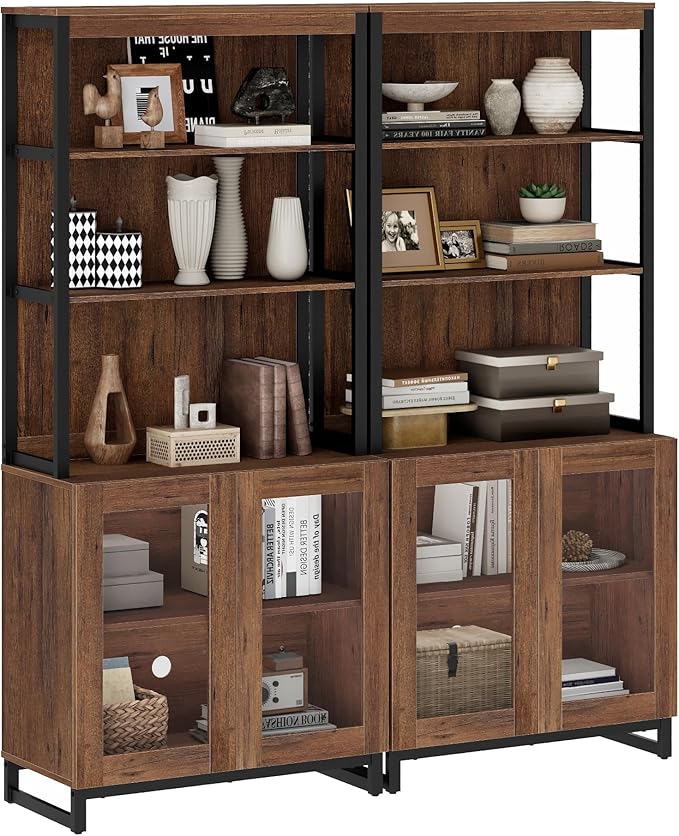 WAMPAT 2 PCS Modern 72" Tall Bookcases with Glass Doors and Adjustable Shelves, Library Book Shelf with Storage Cabinet and Open Book Shelfs, Wood Bookshelves for Home Office, Living Room, Brown