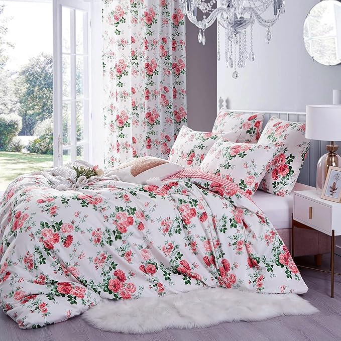 Pink Flower Duvet Cover Set Twin 3 Pieces Girls Floral Duvet Cover 100% Microfiber Blossom Rose Flower Comforter Cover Cottagecore Bedding Set Vintage Botanical Comforter Cover with Zipper Closure