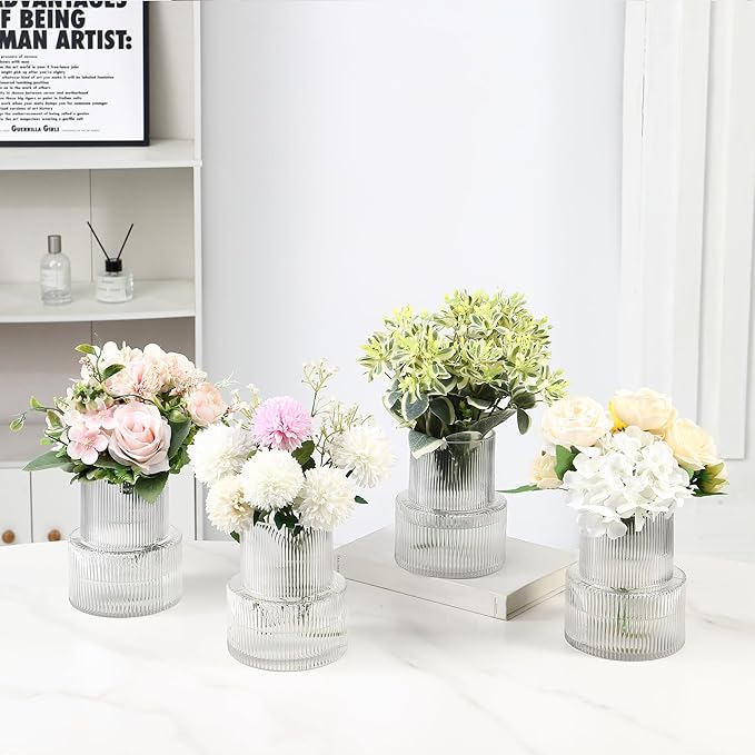 Ribbed Glass Vases, Set of 4 Small Vases for Flowers, Clear Glass Vase for Tulips, Modern Vase for Living Room, Kitchen, Office, Entryway, Bookshelf, Wedding Gifts, Birthday, 6 Inches